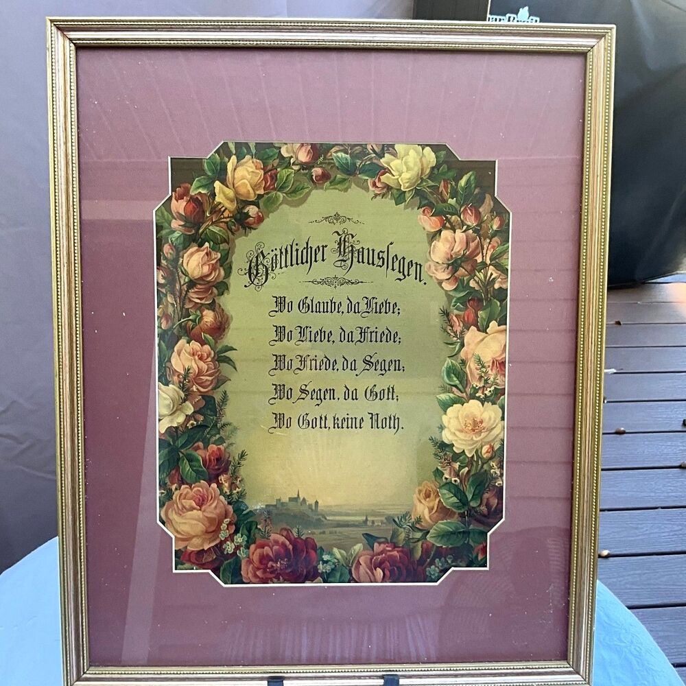 Antique German Blessing for the Home written in German Victorian gorgeous roses